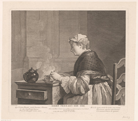 Tea-drinking woman, Pierre Filloeul, 1759 Canvas Print