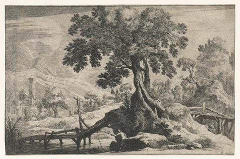 River landscape with a angler on a bridge, Gilles Neyts, 1643 - 1681 Canvas Print