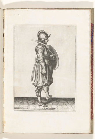 The exercise with shield and skewer: the soldier with the shield ready and the skewer next to his right foot on the ground (no. 17), 1618, Adam van Breen, 1616 - 1618 Canvas Print