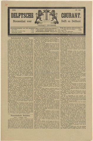 Newspaper with an article about the funeral of William III, king of the Netherlands, on December 4, 1890, Gebroeders Kleyn van Willigen, 1890 Canvas Print