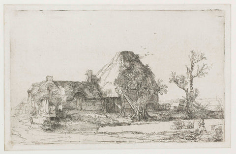 Cottage and Farm Buildings with a Man Sketching, Rembrandt van Rijn, c. 1641 Canvas Print