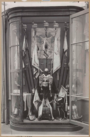 Display case with part of a costume and banners, c. 1900 - c. 1974 Canvas Print