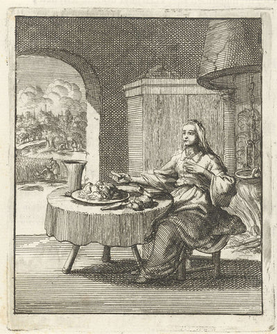 Woman eating at a table, Jan Luyken, 1687 Canvas Print