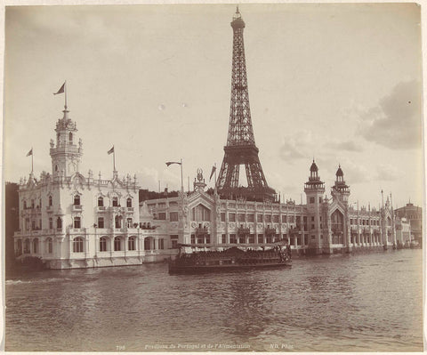 Pavilions on the Seine at the 1889 World's Fair in Paris, with the Eiffel Tower in the background, Neurdein Frères, 1889 Canvas Print