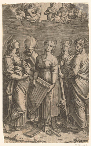 Saint Cecilia with Musical Instruments Surrounded by Four Saints, Marco Dente (attributed to), 1515 - 1527 Canvas Print