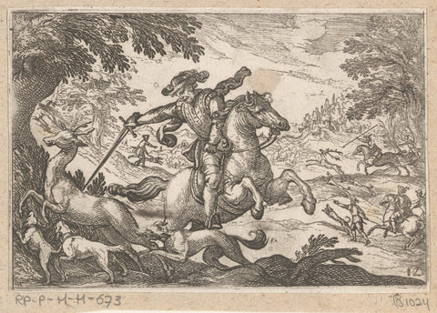 Man on horseback pierces a deer, Antonio Tempesta, 1595 Canvas Print