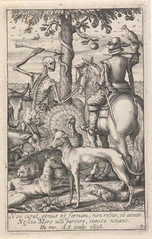 Skeleton with arrow and falconer, surrounded by animals, Andries Jacobsz. Stock, 1626 Canvas Print