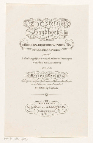 Titelpagina voor: Georg Gesner, Christelijk handboek bevattende gebeden, beschouwingen en overdenkingen, 1820, A. Vallenduuk, 1820 Canvas Print