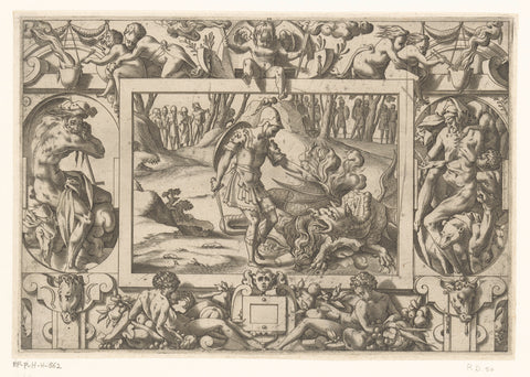 Jason defeats the dragon guarding the golden fleece, René Boyvin, 1563 Canvas Print