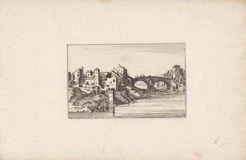 City with a bridge over a river, Claes Jansz. Visscher (II), 1618 Canvas Print