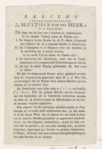 Message from the publisher on the publication of plates of the Historie van het Patriotisme in Amsterdam, J. Sluytman van der Meer, 1787 Canvas Print