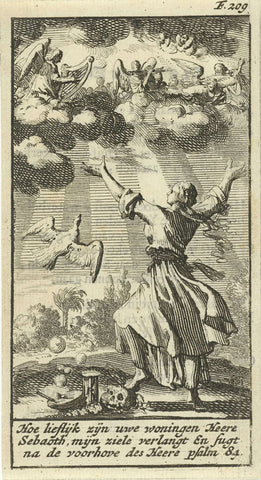 Woman listens with spread arms to the angel choir in the clouds above her, Jan Luyken, 1691 Canvas Print