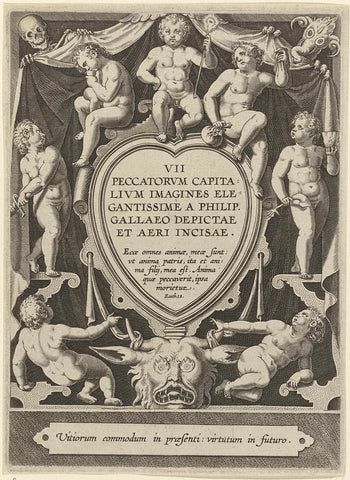 Heart-shaped cartouche with serial title, surrounded by putti, Hieronymus Wierix, 1563 - before 1612 Canvas Print