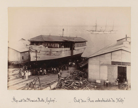 Slipway in Cameroon with the ships 'Cyclop' and (presumably) 'Wolf', anonymous, 1899 Canvas Print