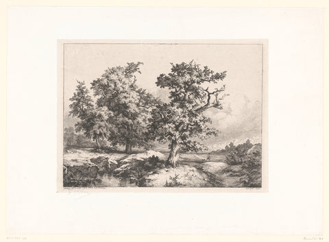 Landscape with oaks, walker and dog, Eugène Bléry, 1842 Canvas Print