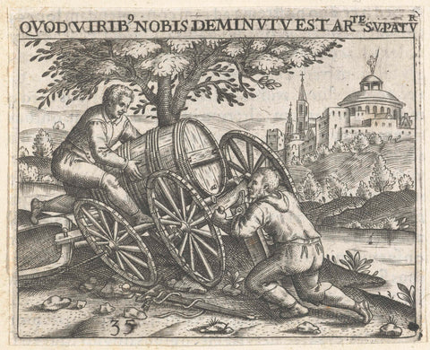 Two Men with a Broken Cart, Theodor de Bry, 1596 Canvas Print