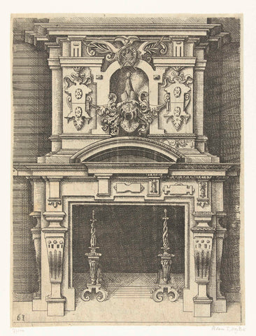 Fireplace with two hearth irons, Wendel Dietterlin (I), 1560 - 1598 Canvas Print