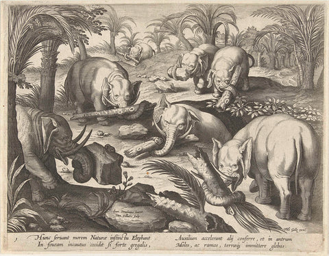 Elephants help a fellow species from a trap, Jan Collaert (II) (attributed to), after 1596 - 1628 Canvas Print