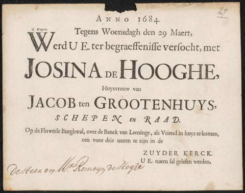 Invitation to Romeyn de Hooghe for the funeral of Josina de Hooghe, H. Magnus, in or after 1684 Canvas Print