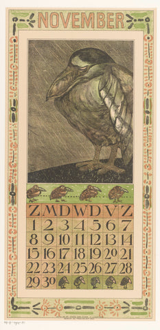 Calendar sheet November with bird in the rain, Theo van Hoytema, 1907 Canvas Print