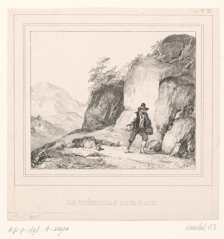 Landscape with armed guerrilla warrior and a dead man, Nicolas Toussaint Charlet, 1837 Canvas Print