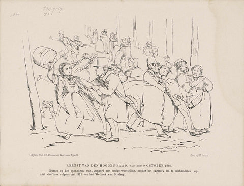 Cartoon on the judgment of the Supreme Court concerning an embrace on the public road, 1860, Johan Michaël Schmidt Crans, 1860 Canvas Print