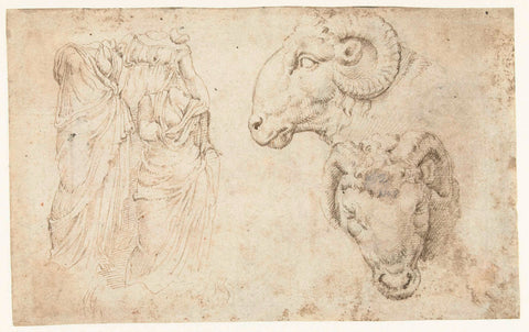 Three statues and two studies of a rams head on a candlestick, Maarten van Heemskerck, 1532 - 1536 Canvas Print