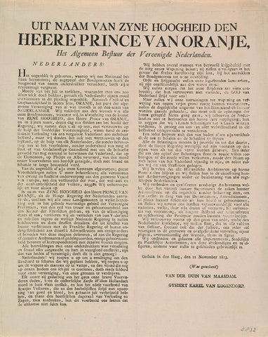 Proclamation of A.F. van der Duyn and G.K. van Hogendorp, 21 November 1813, anonymous, 1813 Canvas Print