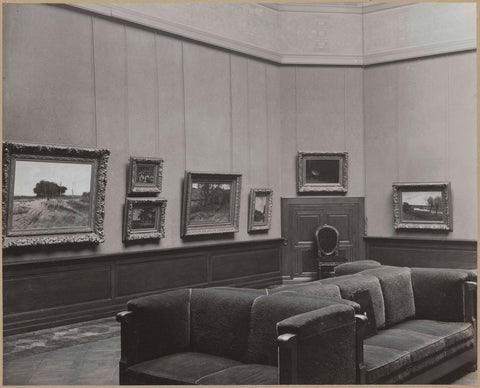 Room with seven paintings, on the left a landscape with a flock of sheep, c. 1910 - c. 1930 Canvas Print