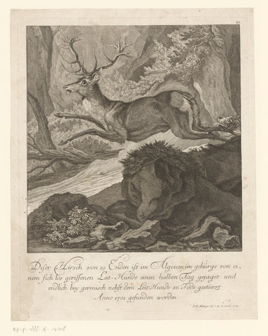 Deer chased by a hunting dog, Johann Elias Ridinger, 1742 Canvas Print