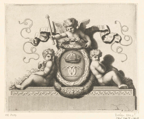 Oval medallion surrounded by three putti, René Lochon, after 1616 - before 1689 Canvas Print