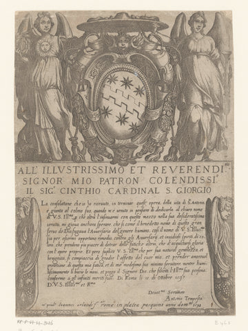 Title print with cardinal's coat of arms flanked by Waarheid en Faam boven een cartouche met tekst, Antonio Tempesta, 1598 Canvas Print