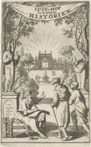 Old man shows two passers-by the way, Jan Luyken, 1679 Canvas Print