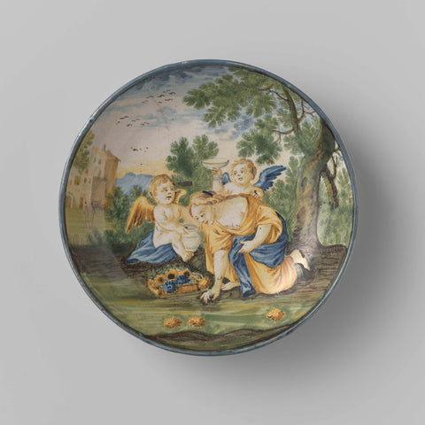 Saucer, painted with a flower-picking woman sitting on her knees., anonymous, c. 1700 - c. 1750 Canvas Print