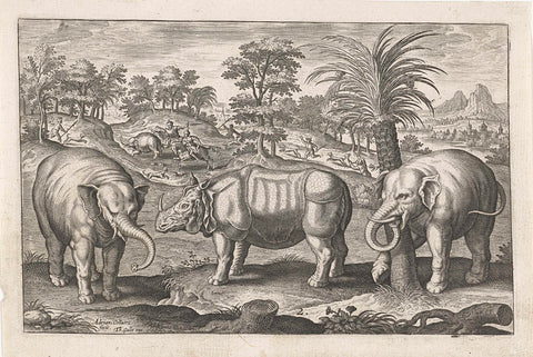 Elephants and rhinoceros, Adriaen Collaert, 1595 - 1599 Canvas Print