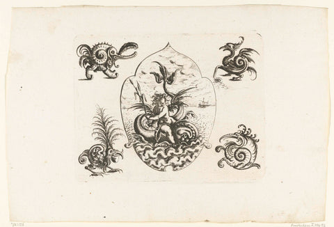 Leaf-shaped cartouche with a putto on a dolphin, Christoph Jamnitzer, 1573 - 1610 Canvas Print