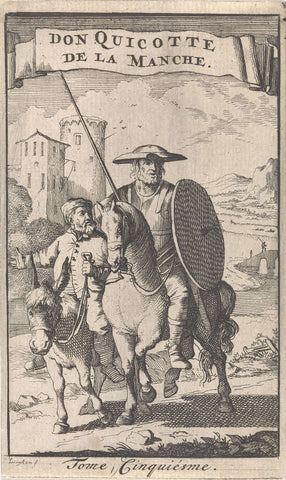 Don Quichotte on horseback, beside him Sancho on a donkey, Caspar Luyken, 1696 Canvas Print