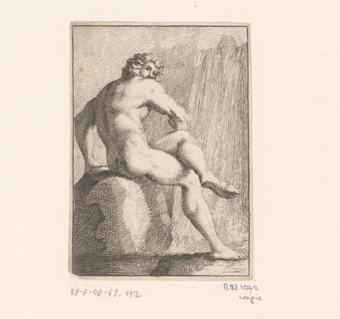 Man on boulder, possibly Proteus, anonymous, Sébastien Leclerc (I) (copy after), 1647 - 1714 Canvas Print