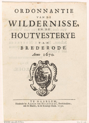 Title vignette for: Ordinance of the wilderness, and the forest fortress of Brederode. Anno 1670, 1730, Dirck de Bray, 1730 Canvas Print