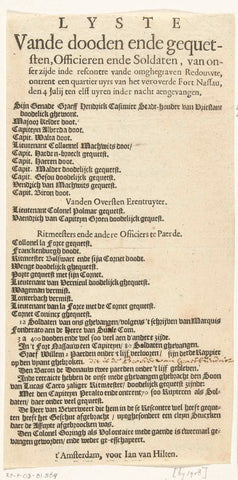 Text sheet with a list of the victims fallen during the capture of the fort Nassau, 1640 (?), Jan van Hilten, 1640 - 1645 Canvas Print