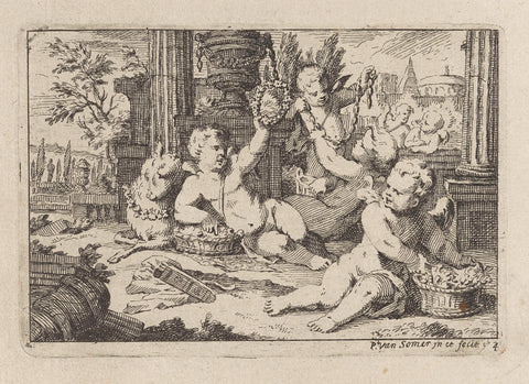 Putti with bloemenslingers, Paul of Summer (II), 1670 - 1697 Canvas Print