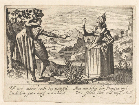 Landscape with a man and woman uttering a moralizing text, Jacob van der Heyden, 1608 Canvas Print