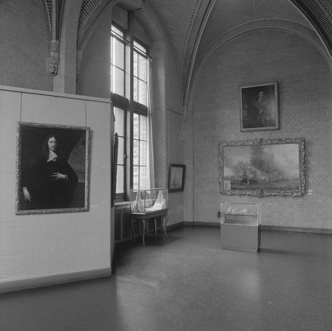 Room with paintings, including a portrait and a seascape with ships, and showcases, 1963 Canvas Print