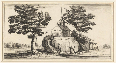 Landscape with a church on a rock, Jacques Callot, 1630 - 1660 Canvas Print