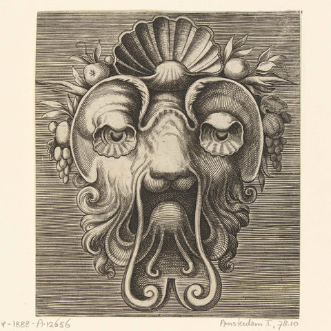 Mask with shell-shaped eyes and a shell between fruit clusters on the forehead, Frans Huys, 1555 Canvas Print