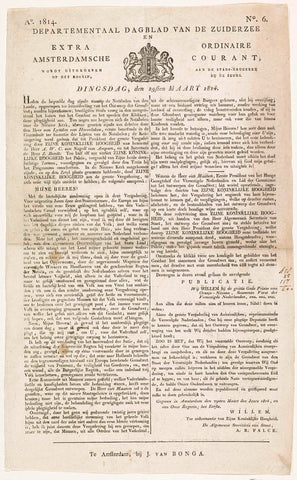 Departementaal Dagblad van de Zuiderzee. Extra Ordinaire Amsterdamsche Courant. Ao 1814 / No. 6 / 29 March 1814, Stadsdrukkerij, 1814 Canvas Print