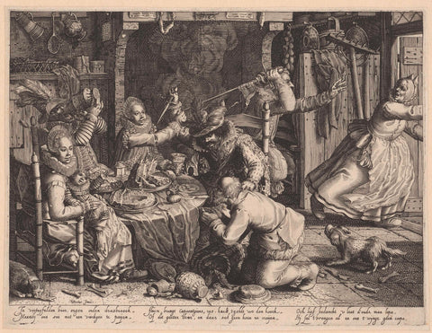 Richly dressed company of meal threatens poor farmer in his home, Boëtius Adamsz. Bolswert, 1610 Canvas Print