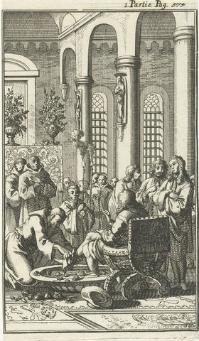 Foot washing of travellers in a monastery in Jerusalem, Jan Luyken, 1689 Canvas Print