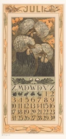 Calendar sheet July with three crested chickens, Theo van Hoytema, 1909 Canvas Print