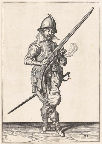 Soldier on guard who holds his rudder with his right hand pointed upwards at an angle, while he drops the barrel in his left hand, Jacob de Gheyn (II) (workshop of), 1597 - 1607 Canvas Print